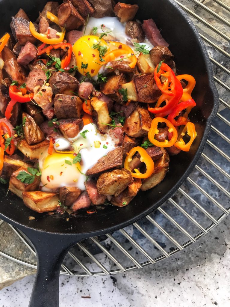 breakfast skillet over campfire while camping in northern virginia